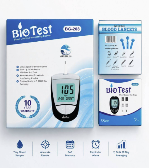 طقم عرض السكري المتكامل والشامل من BioTest (طراز BG-208) 10 سنين ضمان